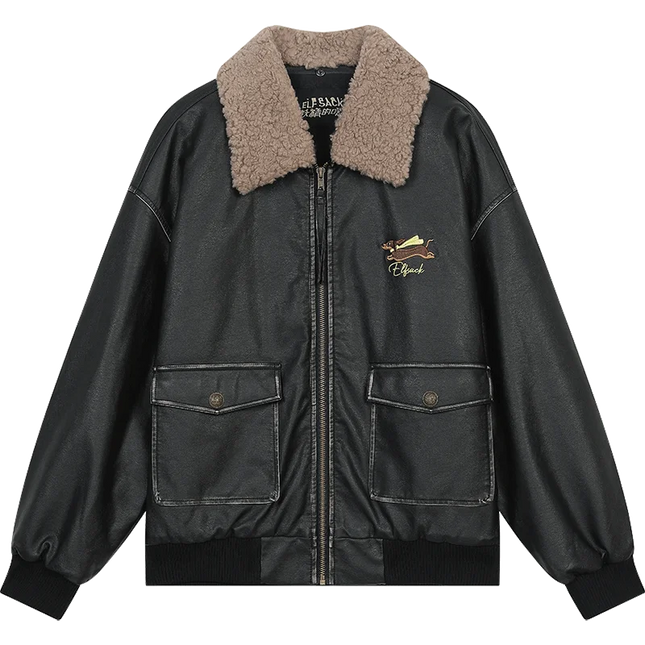 ELFSACK Womens PU Leather Jacket With Bold Dog Embroidery by zapcart
