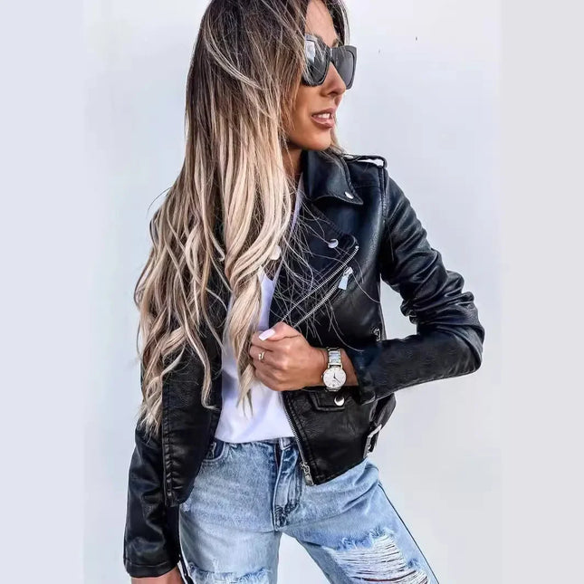 Women PU Leather Coat Slim Fit Streetwear Jacket Zipper by zapcart