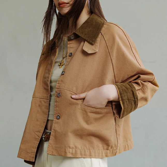 Maden Retro Khaki Corduroy Collar Jacket For Women Warmth by zapcart