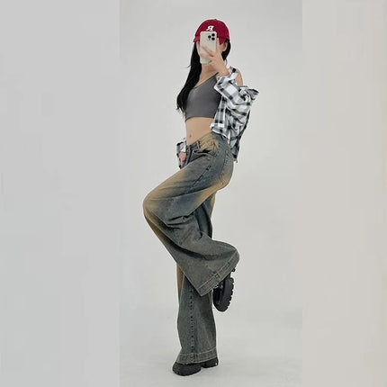 Retro Washed Wide Leg Jeans High Waist For Young Women by zapcart
