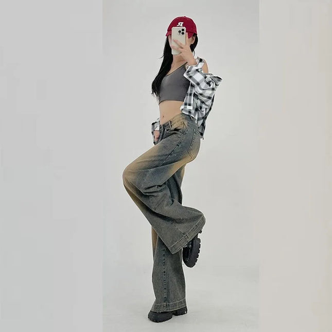 Retro Washed Wide Leg Jeans High Waist For Young Women by zapcart