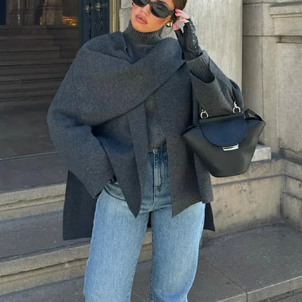 ZBZA Women Asymmetric Scarf Knitted Jacket Warm Outerwear by zapcart