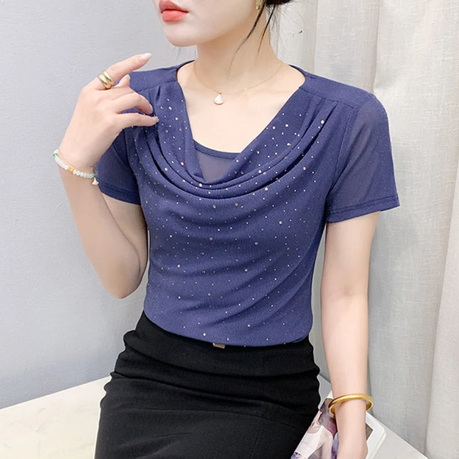 Korean Beaded Diamond Mesh T Shirt For Women Summer by zapcart