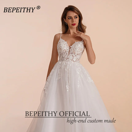 BEPEITHY Boho Ivory Lace A Line Wedding Dress for Bride by zapcart