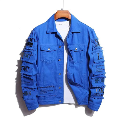 LVCCCI Men's Y2K Denim Jacket With Patches Stylish Fit by zapcart