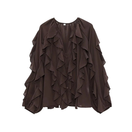 Tangada Women Wine Red Ruffles Shirt Oversized Long Sleeve by zapcart