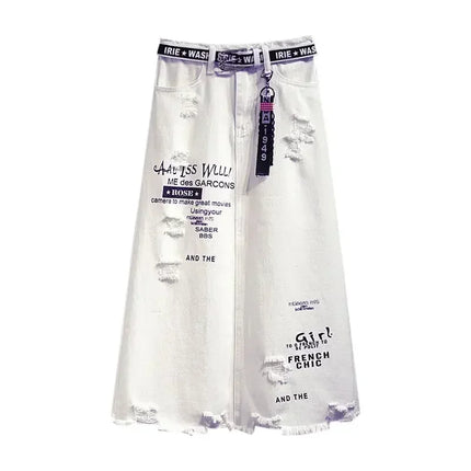 White Denim Long Skirt with Letter Print Oversize Plus Size by zapcart