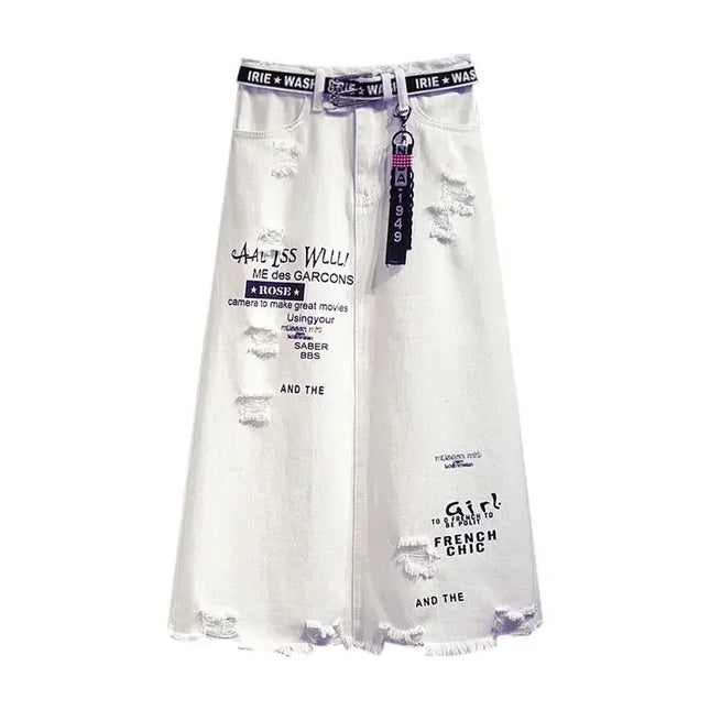 White Denim Long Skirt with Letter Print Oversize Plus Size by zapcart