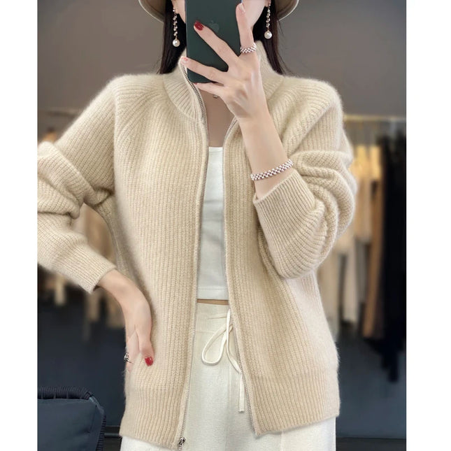 Womens Pure Wool Zipper Cardigan Padded Shoulders Warmth by zapcart