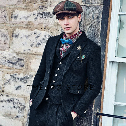 Mens Herringbone Wool 3 Piece Suit By CN Jiangsu Slim Fit by zapcart