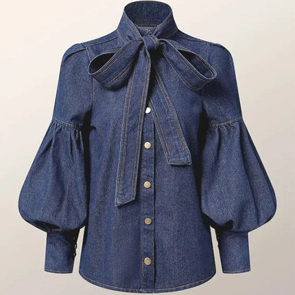 Gymystars Denim Blouse For Women Bow Embellished High Neck by zapcart