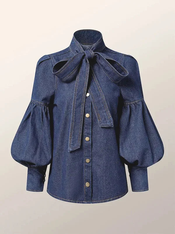Gymystars Denim Blouse For Women Bow Embellished High Neck by zapcart