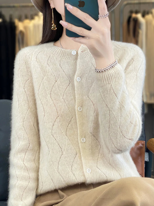 Merino Wool Cardigan Women Lightweight Layering O Neck by zapcart
