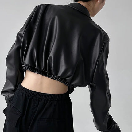 PU Leather Women Crop Jacket Black Zipper Retro Streetwear by zapcart