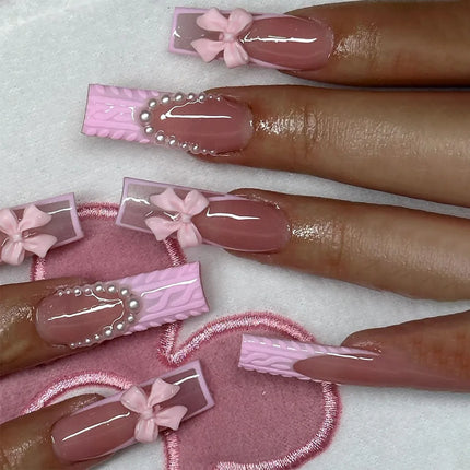 Extra Long Press On Nails Glue Included Bear Bow For Women by zapcart