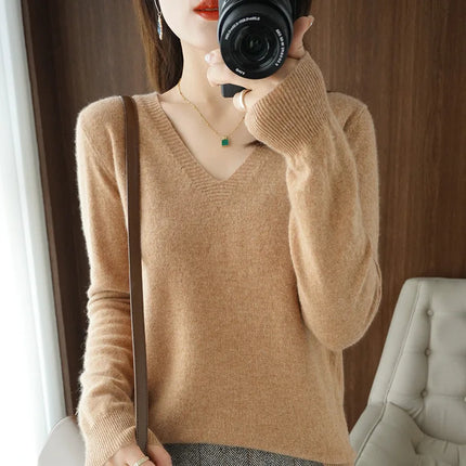 Women V Neck Knit Sweater Slim Fit Soft Knitwear Winter by zapcart