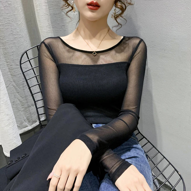 Women Mesh Round Neck Top Long Sleeve Slim Fit Autumn Chic by zapcart