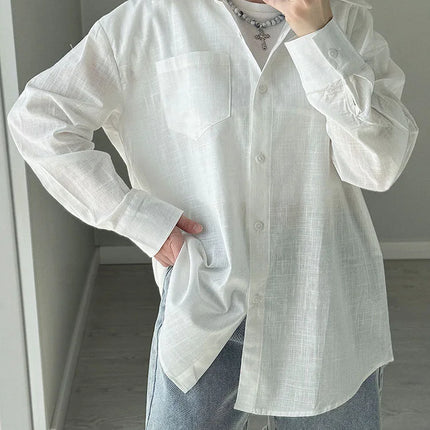 Blue Oversize Cotton Linen Shirt For Women Breathable by zapcart