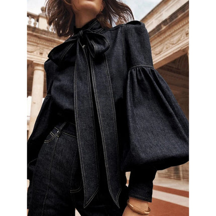 Gymystars Denim Blouse For Women Bow Embellished High Neck by zapcart