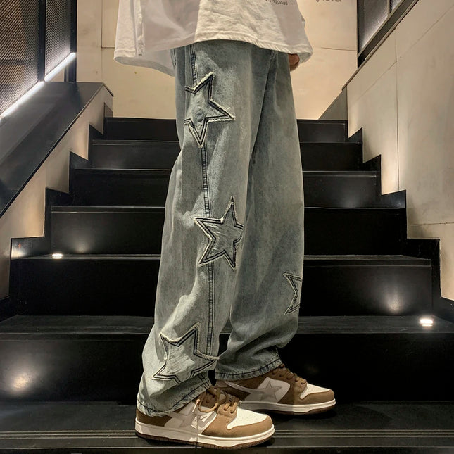 CN Guangdong Star Embroidered Men Jeans Wide Leg Streetwear by zapcart
