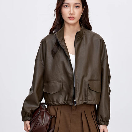 SENTUBILA Leather Jacket Women Vintage PU Stand Collar Chic by zapcart