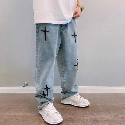 Hengscarying Mens Loose Wide Leg Denim Cargo Jeans Star by zapcart