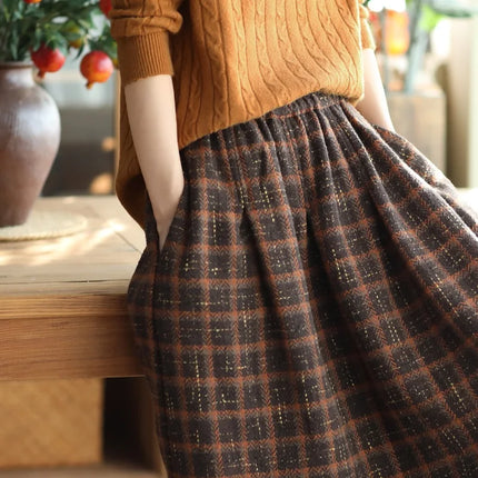 Qarkash Vintage Plaid Midi Skirt For Women High Waist Baggy by zapcart