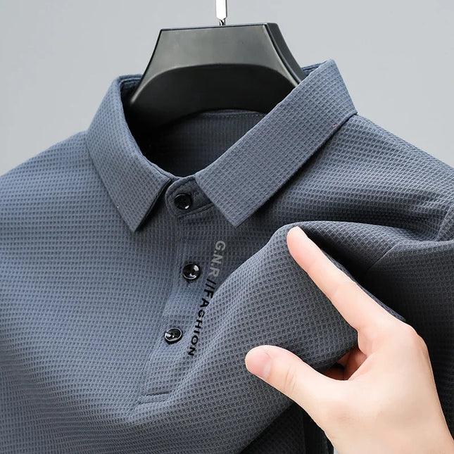 Mens Waffle Polo Shirt With Letter Print Lapel Casual Top by zapcart