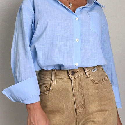 Blue Oversize Cotton Linen Shirt For Women Breathable by zapcart