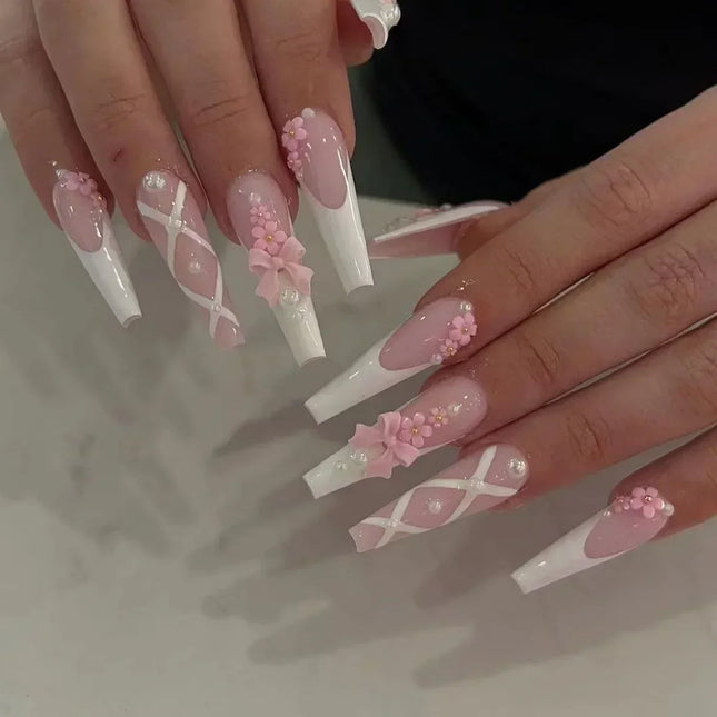 Press On Nails White Butterfly Pearls For Trendsetters 24pcs by zapcart