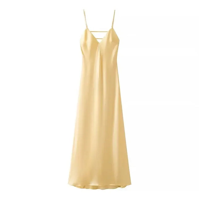 Yellow Satin Sling Maxi Dress Women Backless Evening Gown by zapcart