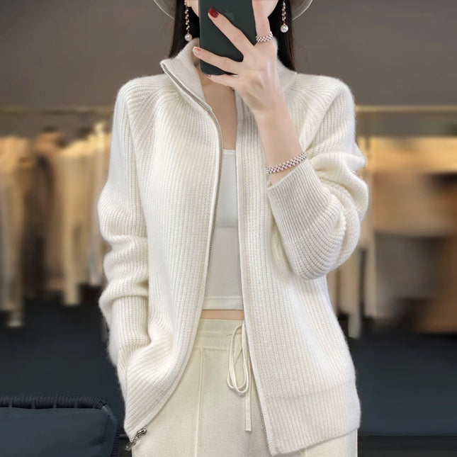 Womens Pure Wool Zipper Cardigan Padded Shoulders Warmth by zapcart
