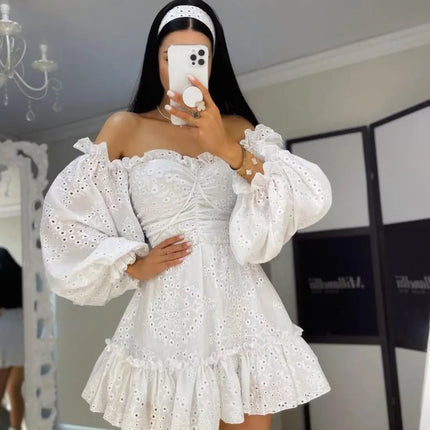 Women Embroidery Hollow Out Dress With Puff Sleeves Lace Up by zapcart