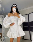 Women Embroidery Hollow Out Dress With Puff Sleeves Lace Up by zapcart