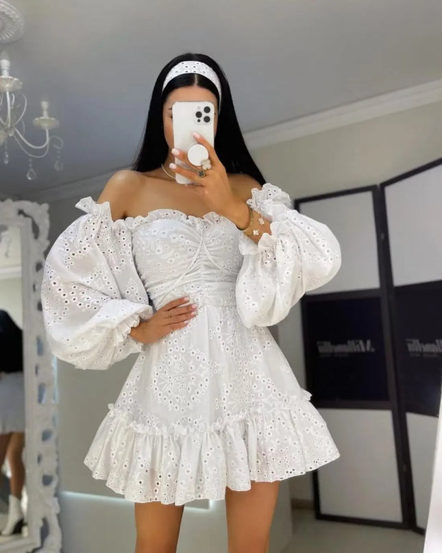 Women Embroidery Hollow Out Dress With Puff Sleeves Lace Up by zapcart