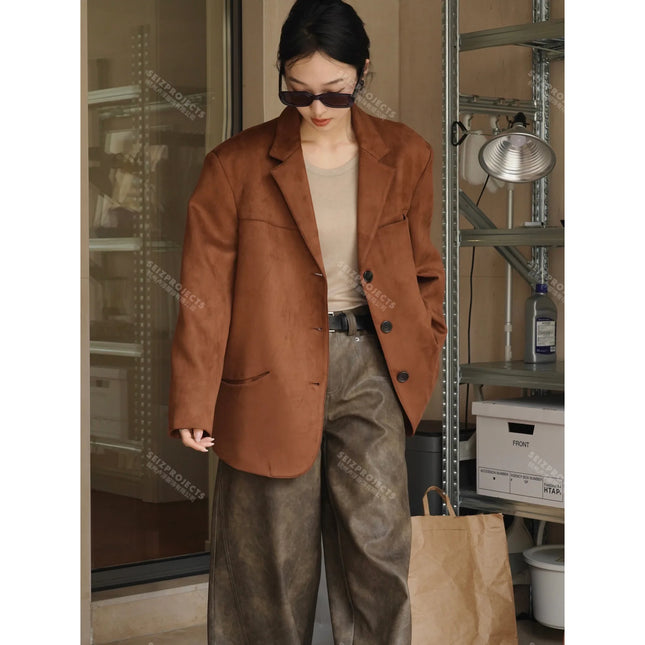 Women Faux Suede Jacket Fall Winter Soft Curved Pockets by zapcart
