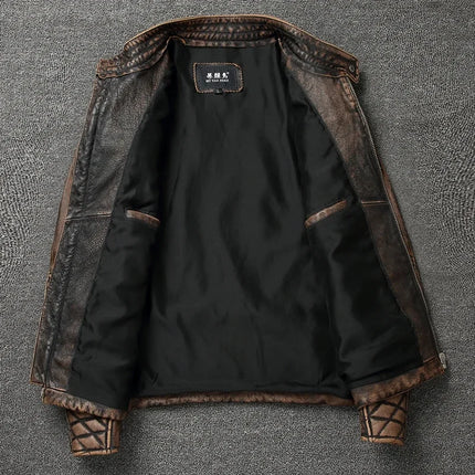Mens Vintage Cowhide Motorcycle Jacket Stand Collar Biker by zapcart