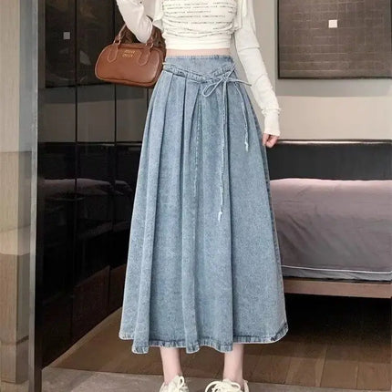 High Waisted Denim A Line Skirt Elastic Waist For Women by zapcart