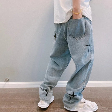 Hengscarying Mens Loose Wide Leg Denim Cargo Jeans Star by zapcart