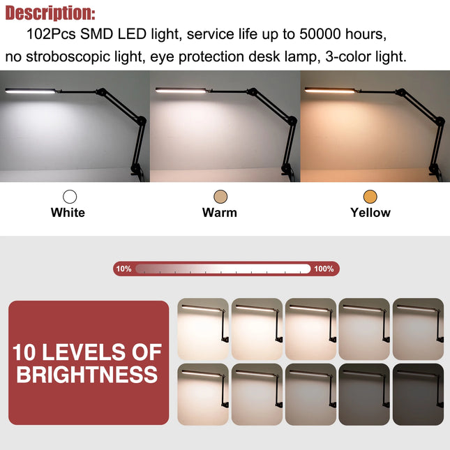 NEWACALOX 12W Adjustable Folding Desk Lamp with 102Pcs SMD LED Light Eye-Caring Reading Lamp for Home Office Bedroom EU/US 12V by zapcart