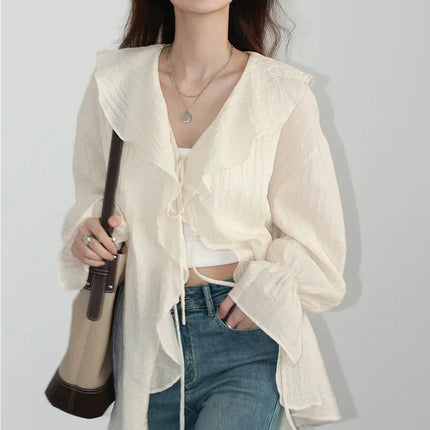 Chic Ven Women Shirt Loose Casual Blouse V Neck Lace Up by zapcart