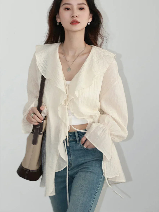 Chic Ven Women Shirt Loose Casual Blouse V Neck Lace Up by zapcart