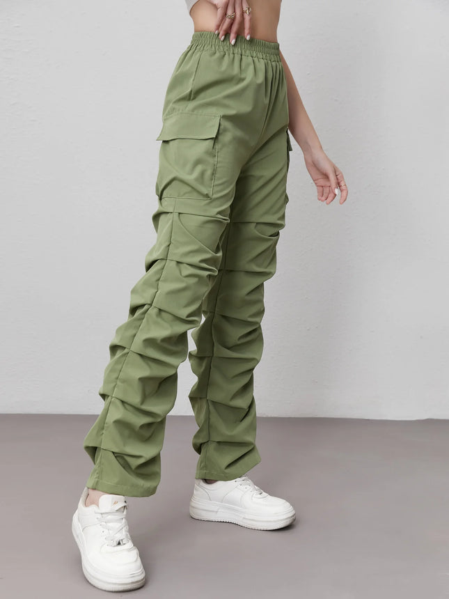 Womens Elastic High Waist Cargo Pants With Large Pockets by zapcart