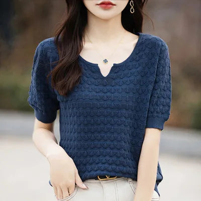 Women Pure Cotton Tee Summer Breathable V Neck Loose Fit by zapcart