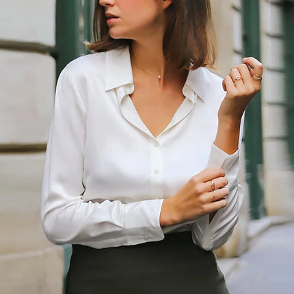 Elegant Women Silk Satin Blouse Long Sleeve Office Wear by zapcart