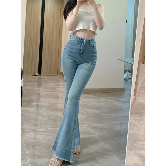 Womens High Waist Flared Jeans Slim Blue Denim Bell Bottom by zapcart