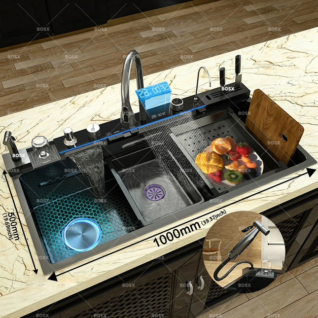 Kitchen Sink Stainless Steel Waterfall Sinks Extra Large Single Slot with Digital Display Faucet Set For kitchen by zapcart