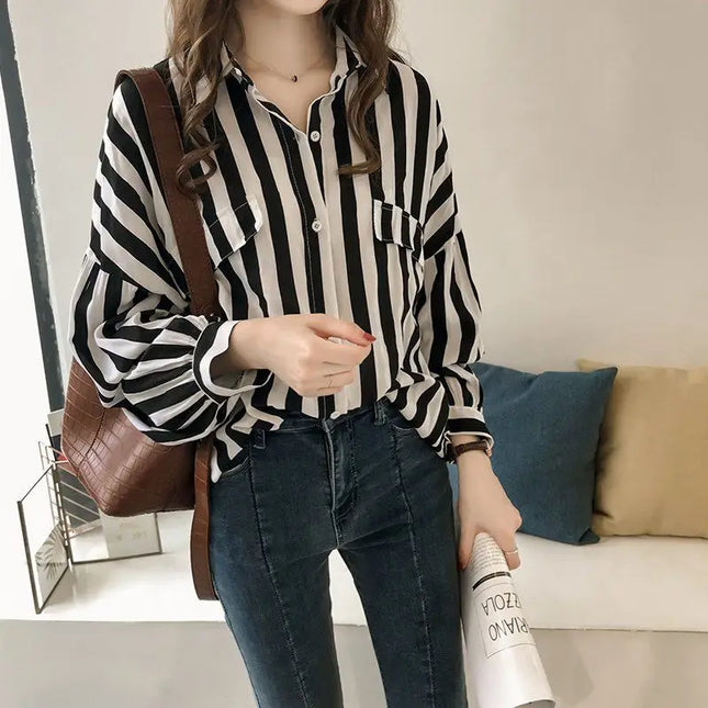 Women Chiffon Striped Shirt Turn Down Collar Relaxed Top by zapcart