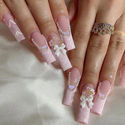 Extra Long Press On Nails Glue Included Bear Bow For Women by zapcart