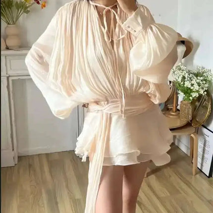 Beige Lace Up Mini Dress For Women P7WI V Neck Long Sleeve by zapcart